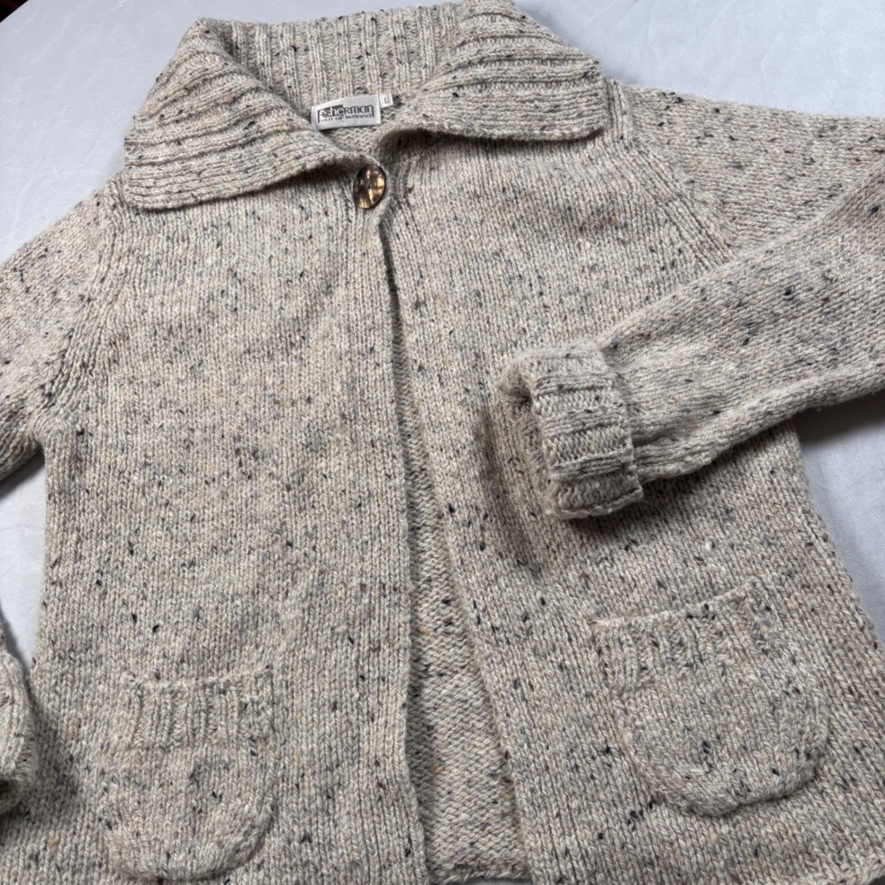 Fisherman Out of Ireland Cardigan Women L Oatmeal‎ Wool Donegal Tweed Sweater